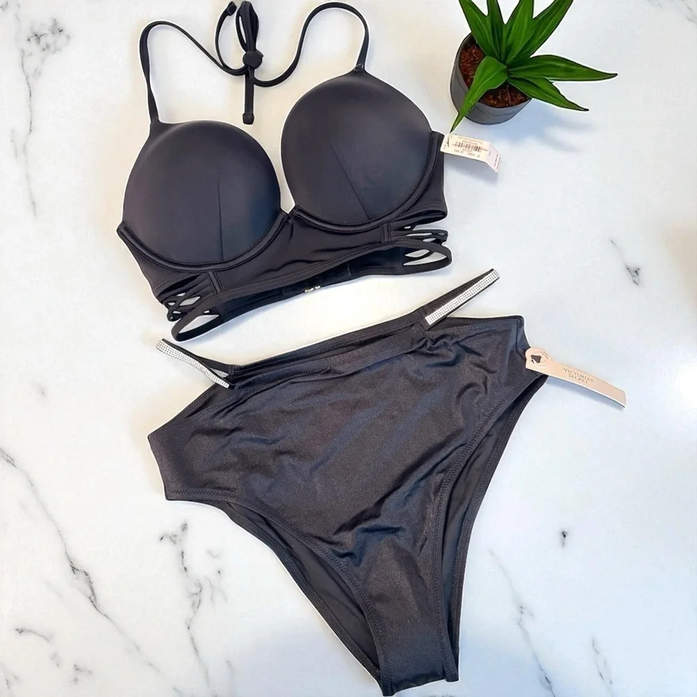 Victoria's Secret Black Bikini Sleek Swimwear Rhinestone Bottom Medium 32D NWT